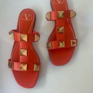 Valentino Orange Roman Stud Flat Sandals size 37.5 EU/7.5US